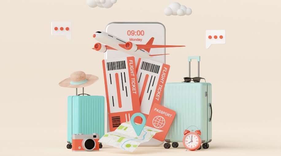 An illustrated photo showing a plan, boarding passes, suitcases, a map, camera, and other travel accessories.